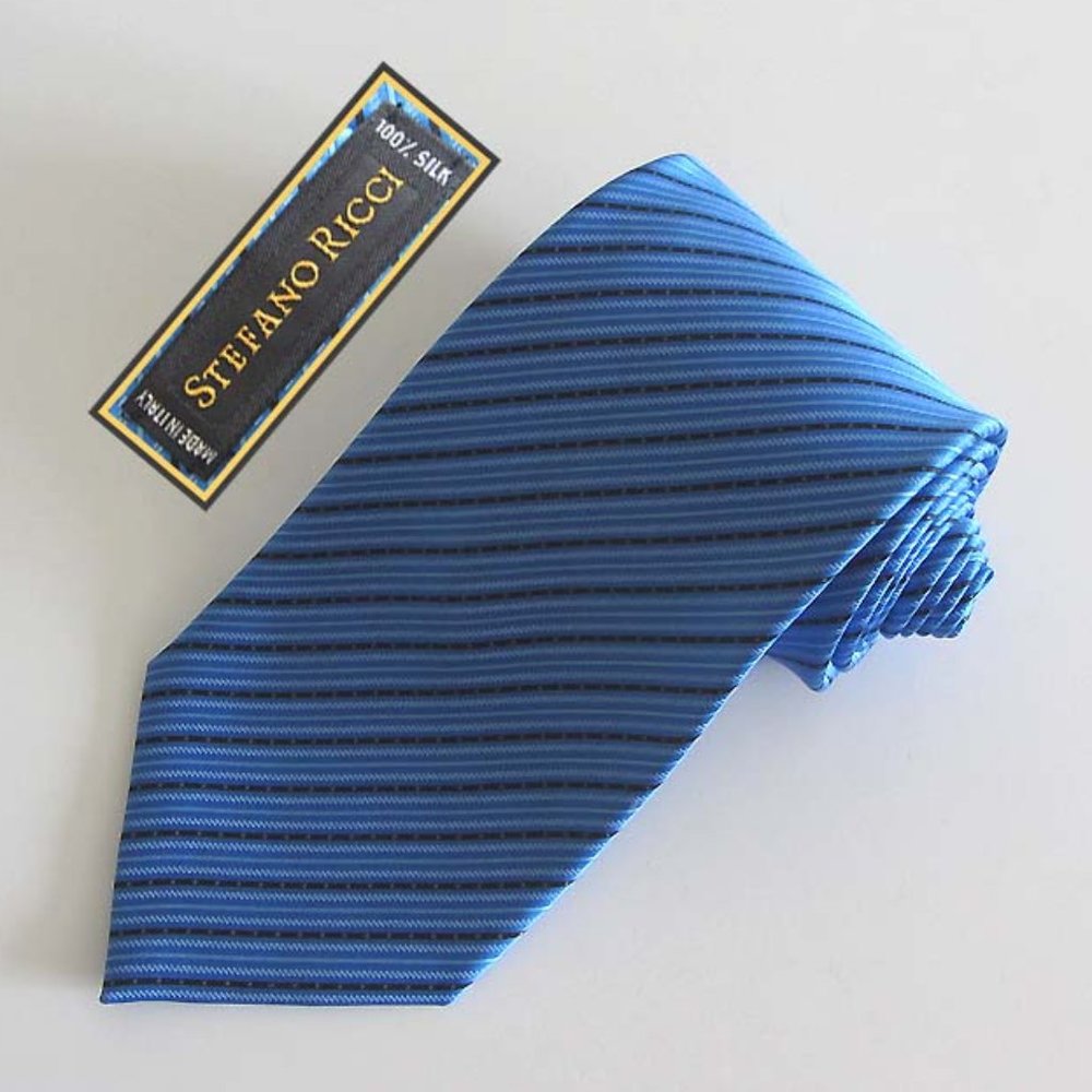 STEFANO RICCI blue/blk striped neck tie 100% silk